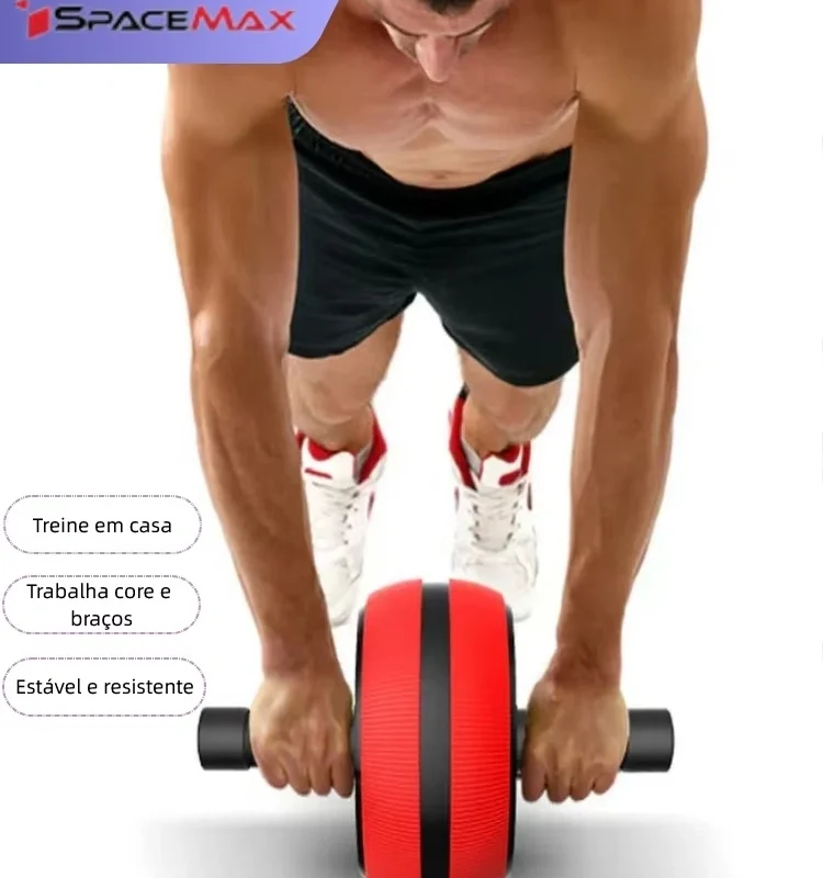 Homem utilizando Rodinha Abdominal Stark Fitness vermelha e preta para treino de fortalecimento do core e braços em casa.