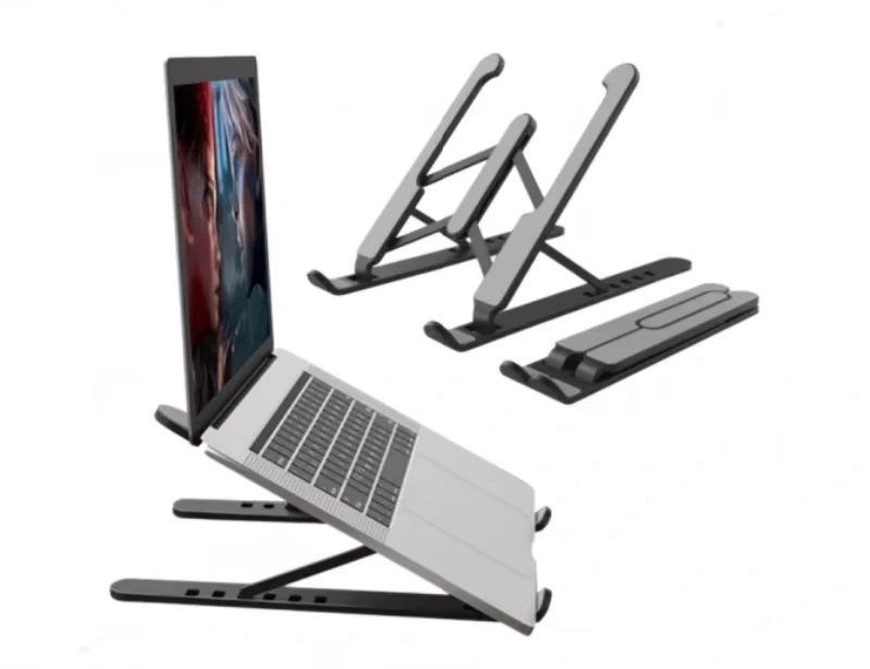 Suporte para notebook preto articulado em uso com laptop cinza, exibindo também o produto fechado e em ângulo de inclinação.