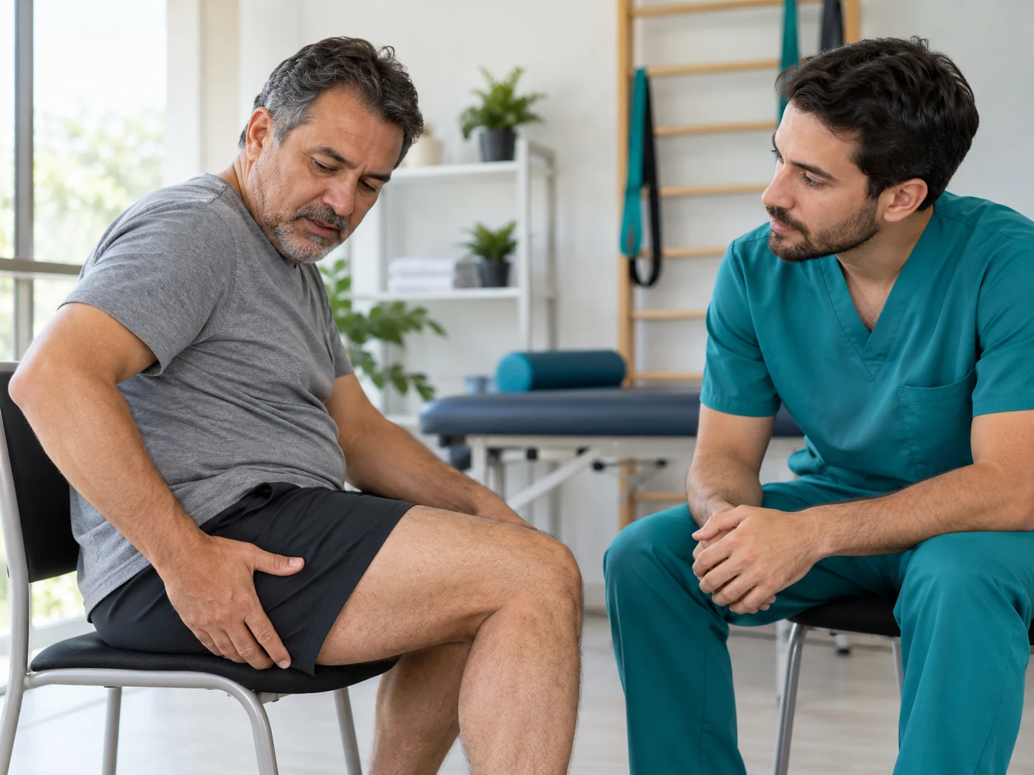 Homem indica desconforto na região posterior da coxa durante consulta com fisioterapeuta.