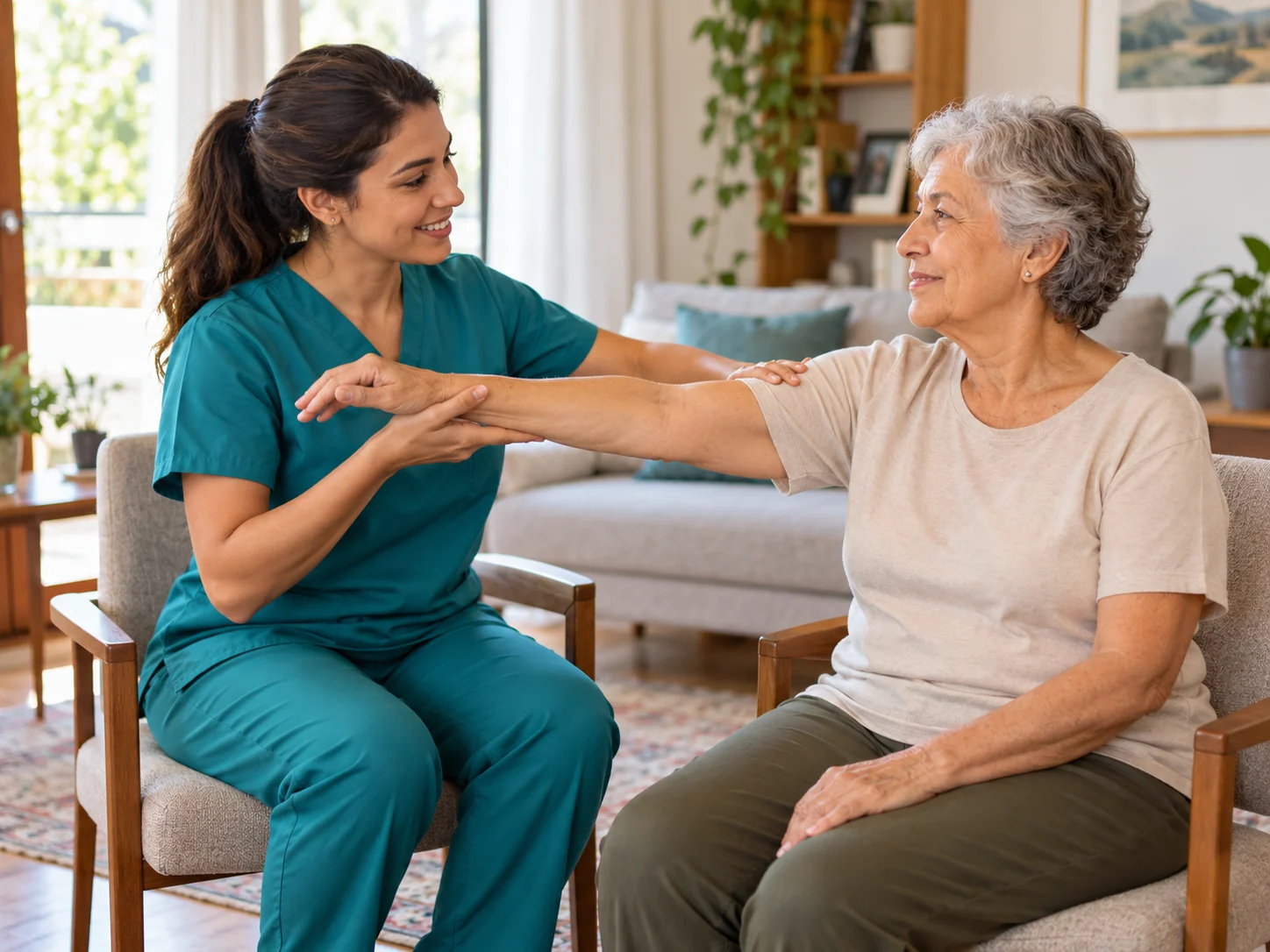 Fisioterapeuta orienta movimento do braço de uma senhora durante atendimento em casa.