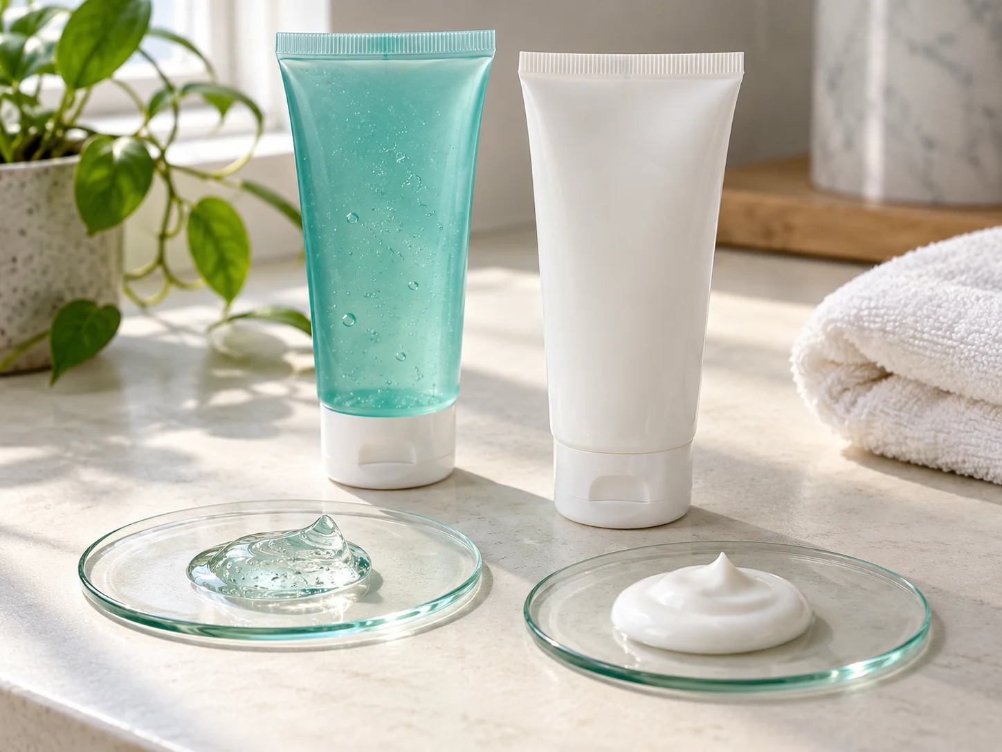 Tubos genéricos de gel e creme com amostras de suas texturas sobre placas de vidro.