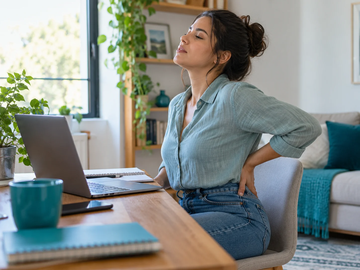 Mulher faz uma pausa no trabalho com laptop e apoia uma mão na região lombar.