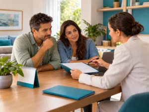 Casal conversa com consultora sobre plano de saúde, com calendário e documentos à mesa.