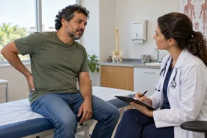 Profissional de saúde conversa com paciente durante avaliação de dor nas costas.
