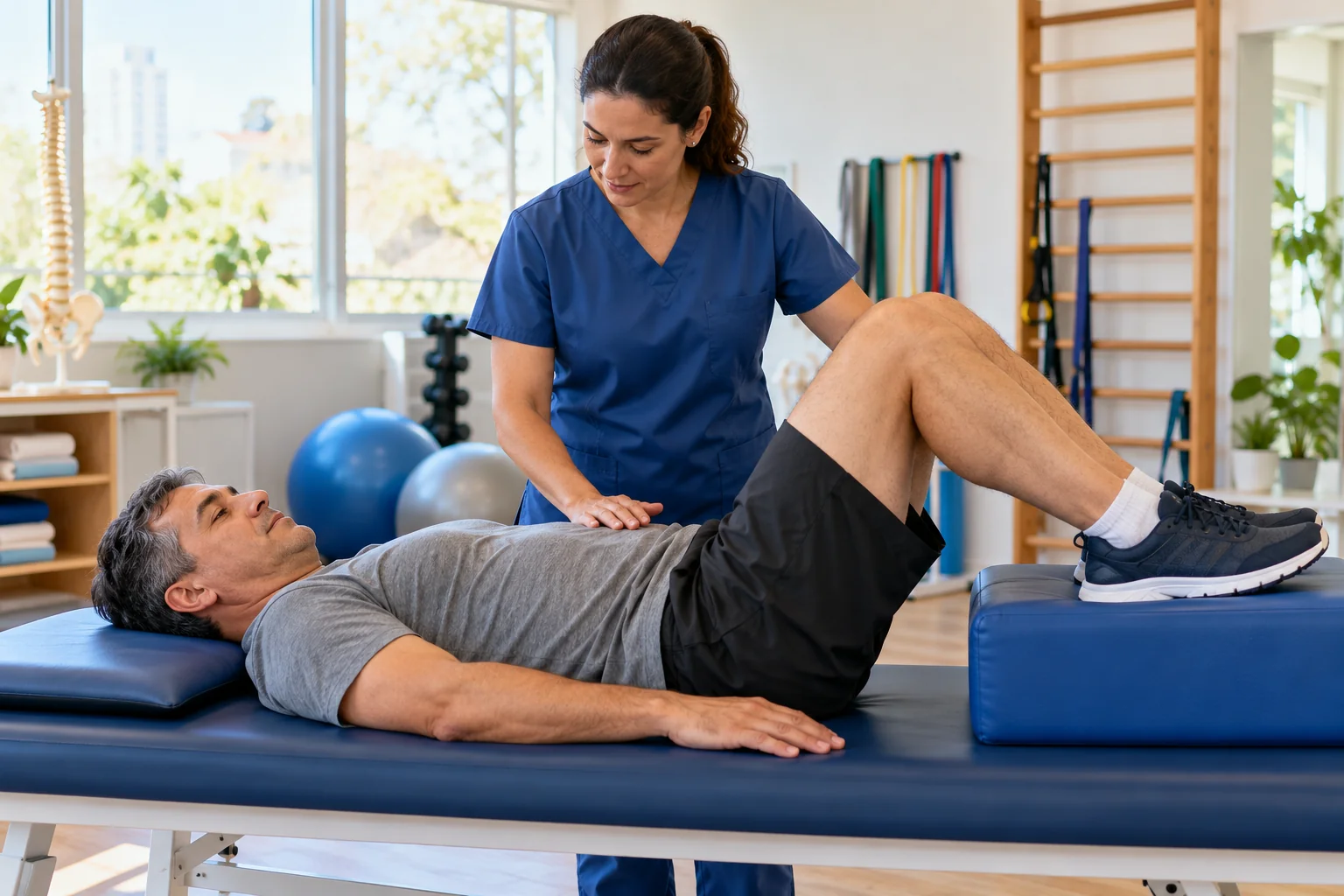 Fisioterapeuta acompanha paciente em exercício suave de reabilitação lombar.