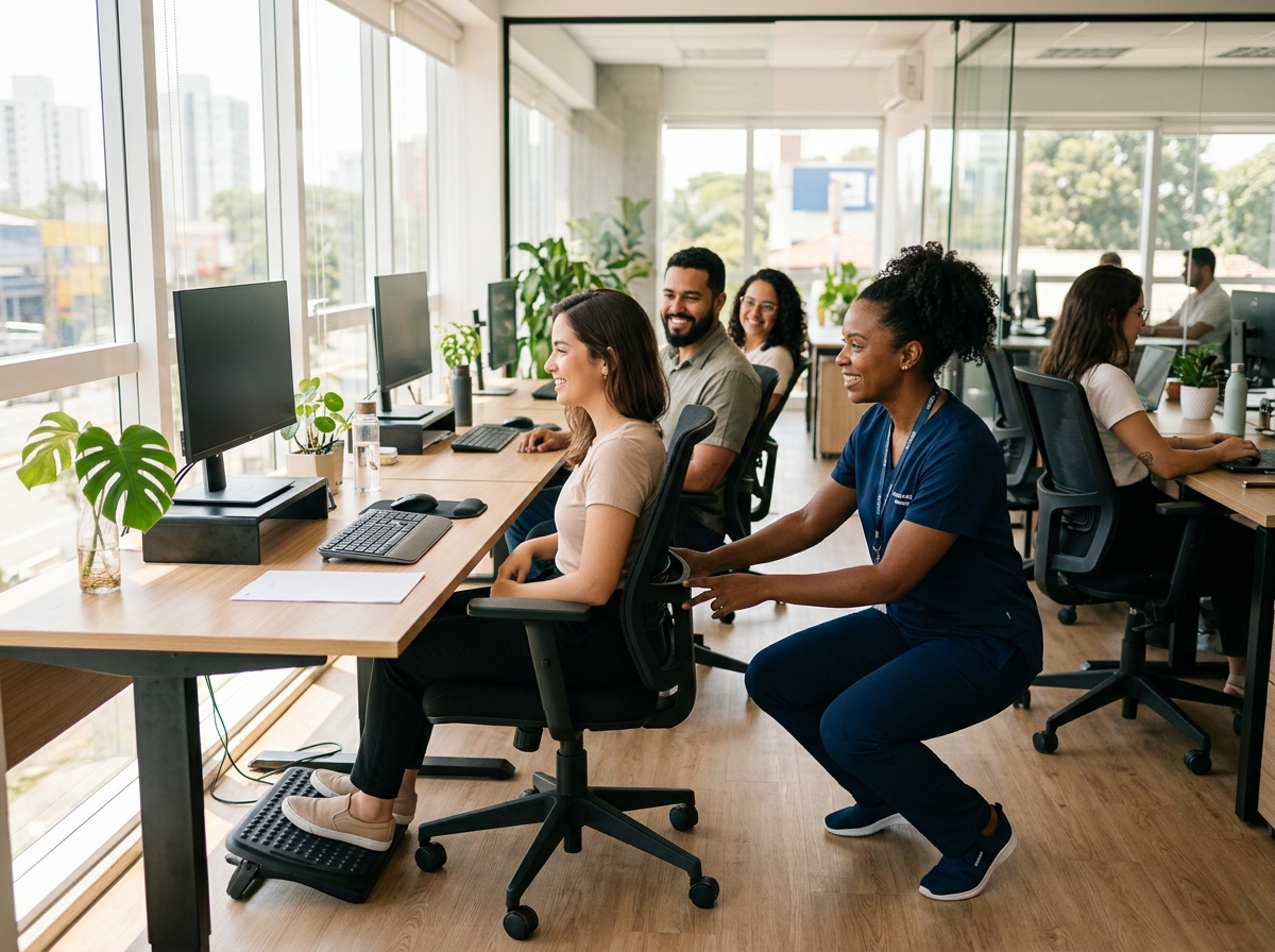 Ergonomista da Movabem orientando colaboradores em escritório