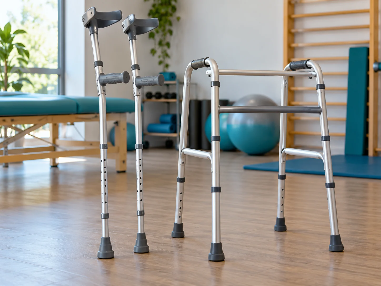 Duas muletas canadenses e um andador ortopédico lado a lado em uma sala de fisioterapia.