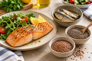 Peixe, chia e linhaça sobre uma mesa, como fontes alimentares de ômega 3.