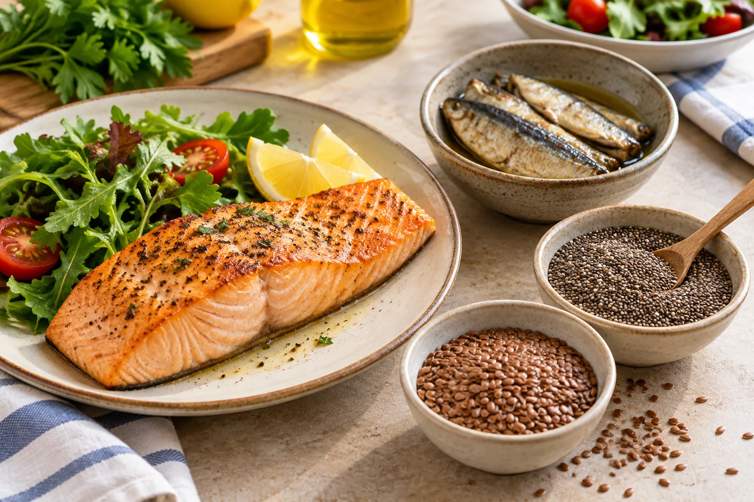 Peixe, chia e linhaça sobre uma mesa, como fontes alimentares de ômega 3.