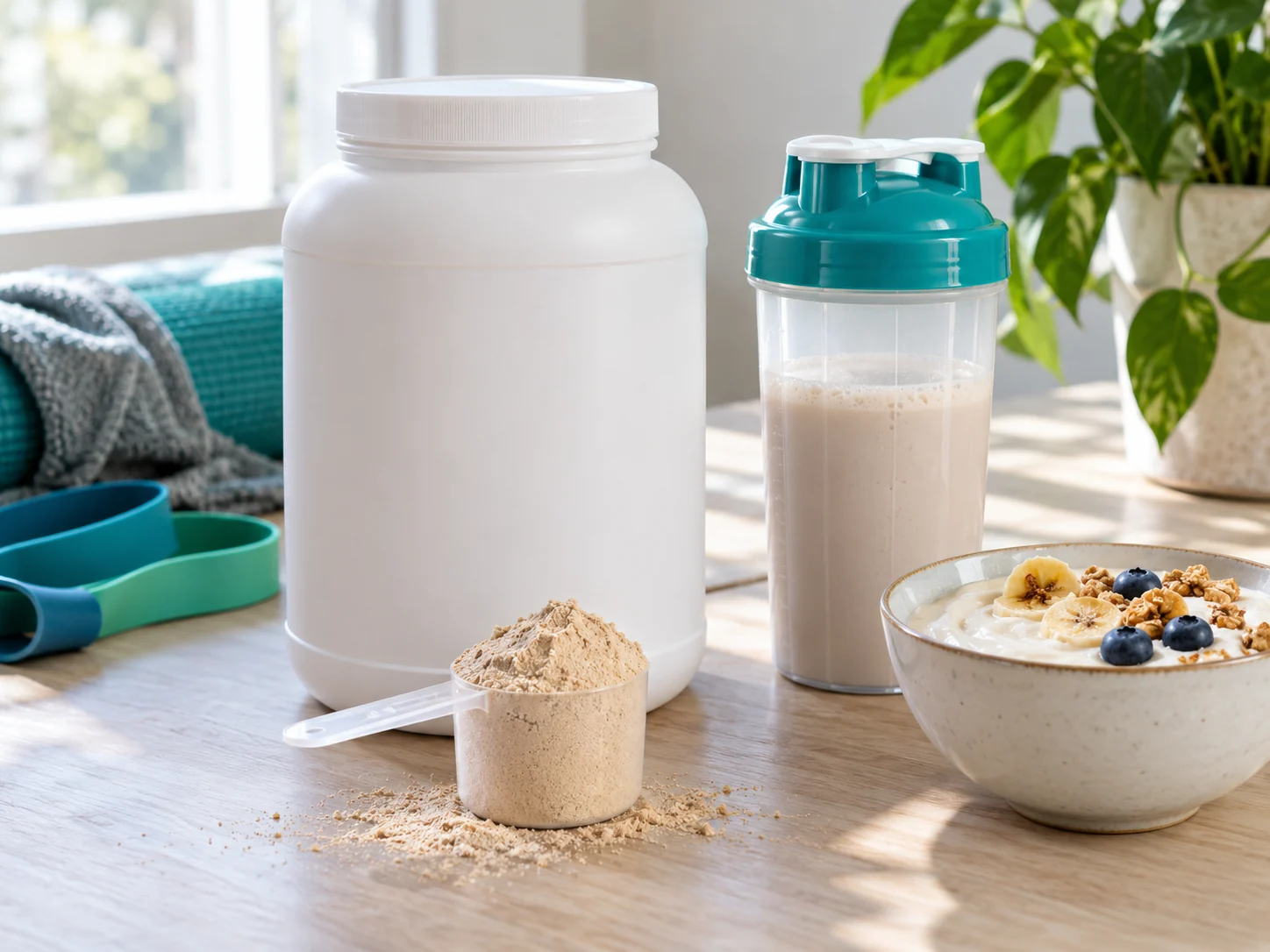 Recipiente genérico de proteína whey, scoop com pó, shaker e tigela de iogurte sobre uma mesa clara.